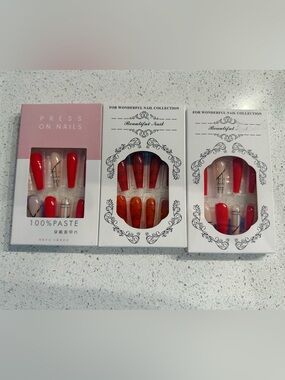 3 Press On Nails Red Ombre & Nude Set - Collection